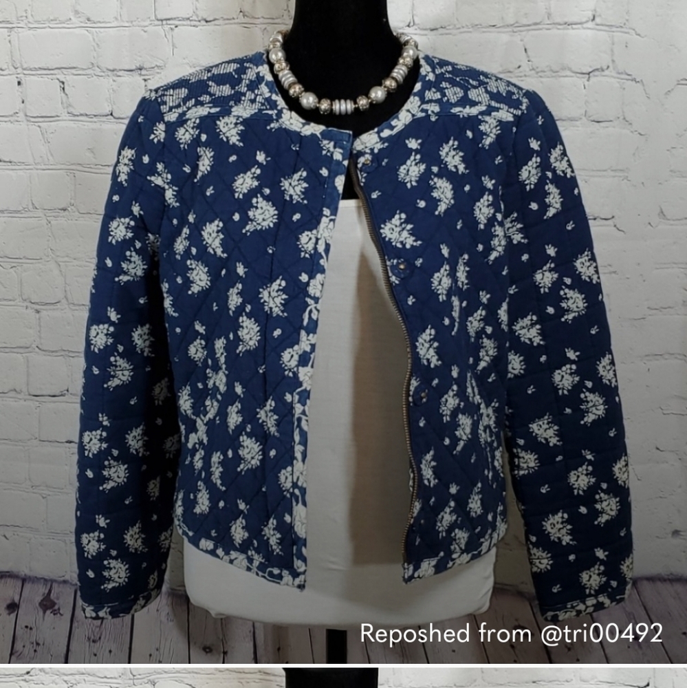 J. Crew quilted jacket, blue floral, ctn/linen, 8